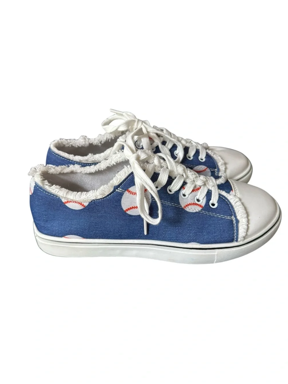 Women’s Canvas Denim Baseball Print Lace Up Sneakers Size 9.5 Blue White NWOT